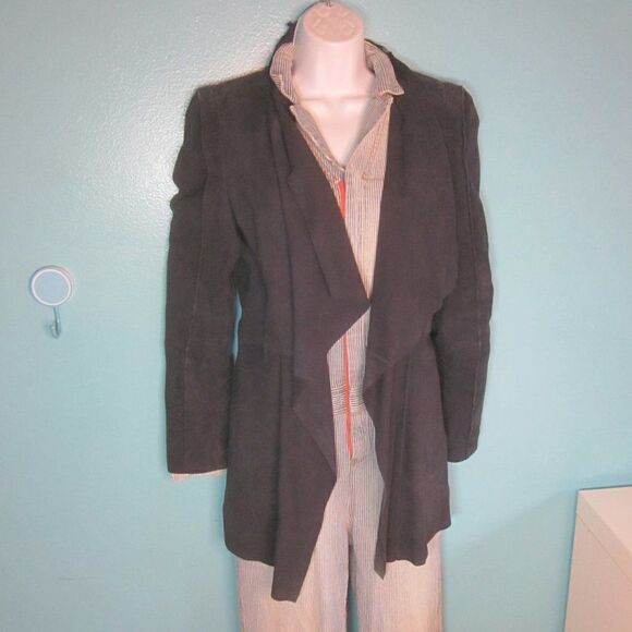 BCBG Womens Size S Navy Blue Leather Coat Draped Layered Waterfall Front Jacket - Picture 6 of 16